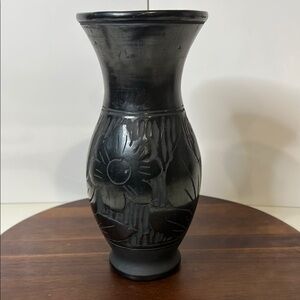Marginea Black Pottery Vase Handmade Romanian Folk Art Sunflower Floral Carving